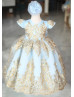 Gold Lace Sky Blue Tulle Fancy Flower Girl Dress